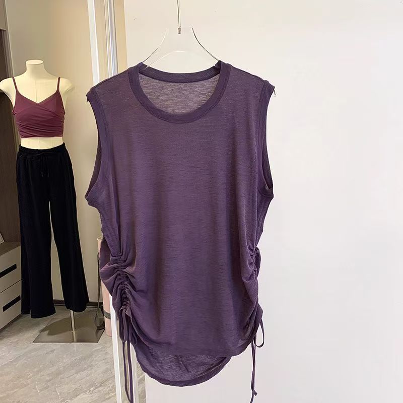 Yoga Wear Sports Vest Women's Quick-Drying T-Shirt Loose Running Training Blouse Sleeveless Drawstring Fitness Top Thin