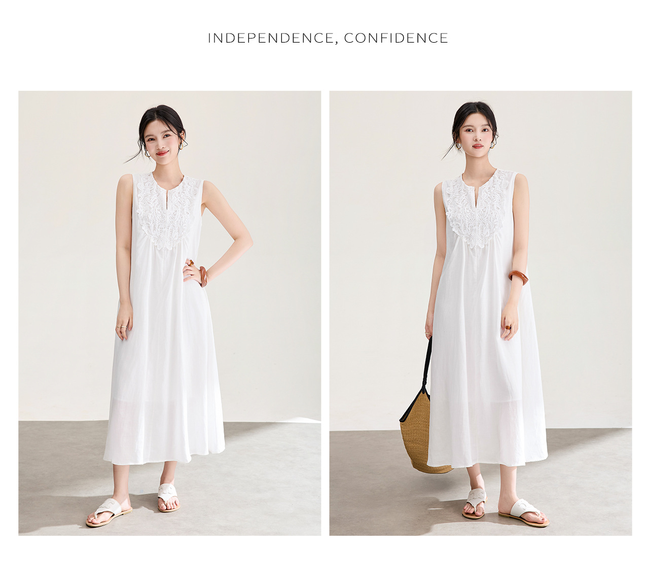 Đầm maxi nữ dáng suông không tay chất liệu tencel phối ren jacquard thêu họa tiết — màu trắng chi tiết 13