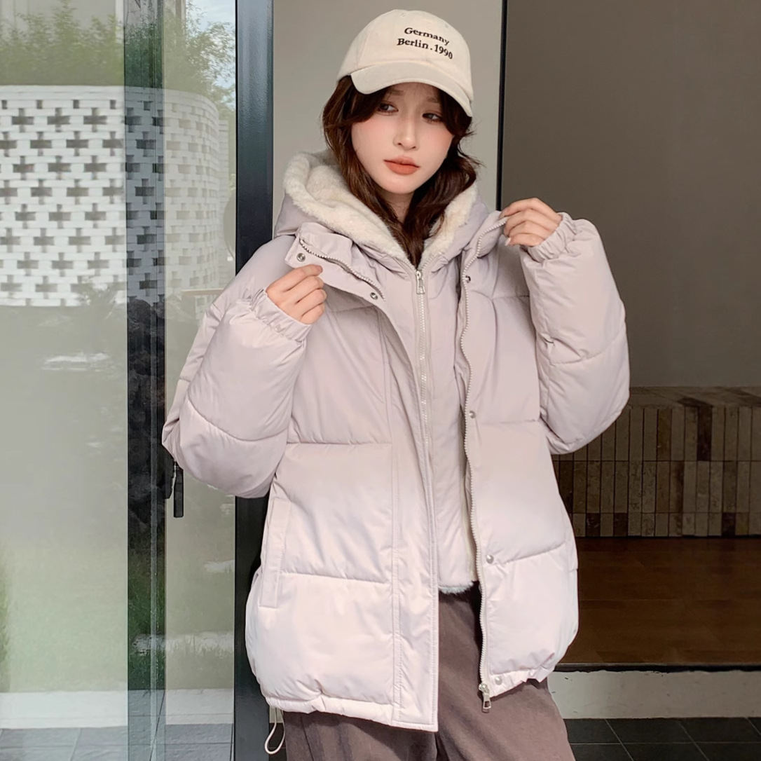 Falso de dos piezas de algodón empalmado de lana mujer 2025 invierno nuevo estilo coreano suelto chaqueta de plumón gruesa chaqueta de pan caliente