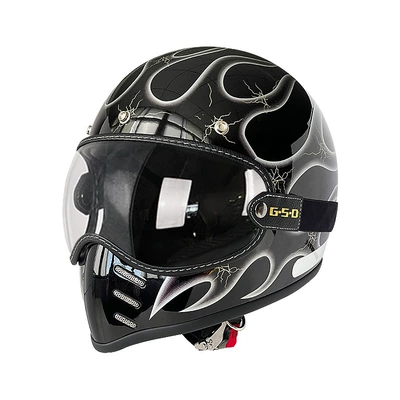 Motosiklet kaskı (dəbilqə) — Men and Women, Winter and All-Season - black-background-silver-flame-transparent-mirror-m55-56