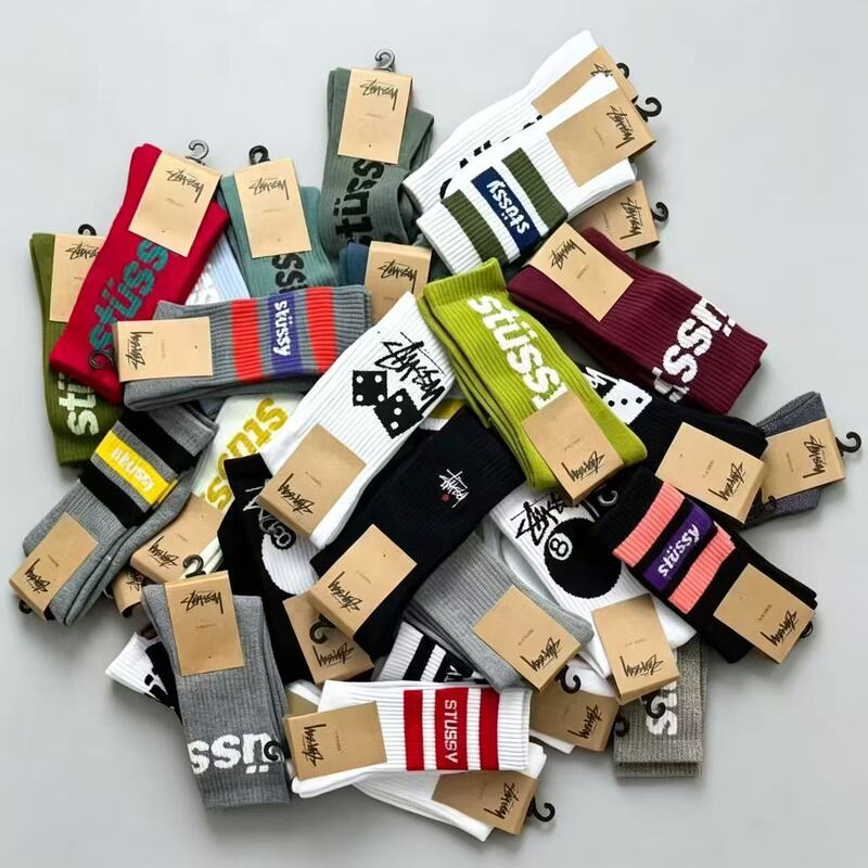 Foreign Trade Stussy Towel-Soled Sports Socks for Men and Women, Mid-High Tube with Letter Embroidery, European and American Trendy Sports Basketball Socks