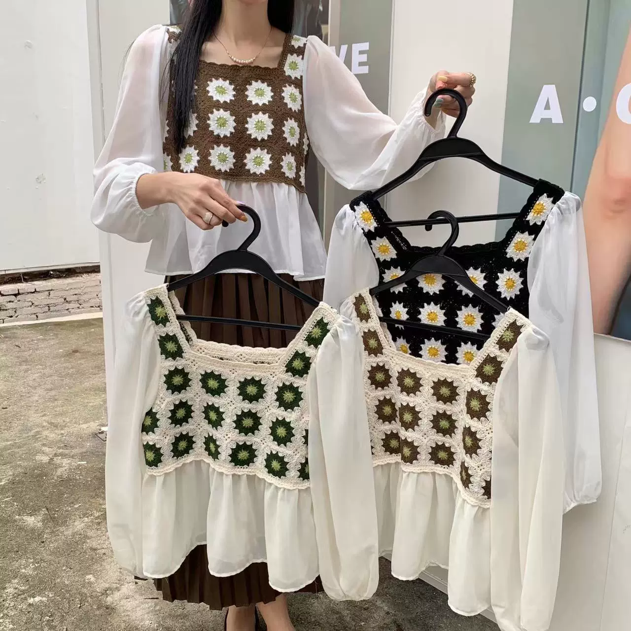 新款法式复古雪纺衫外穿时尚百搭格子花花拼色套头防晒宽松