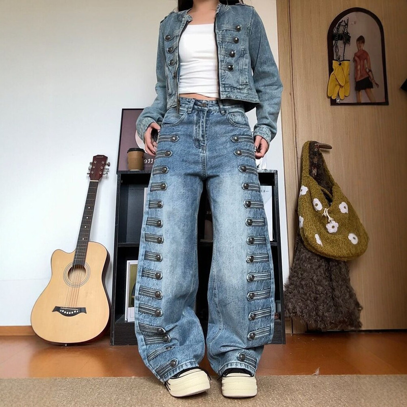 American retro navy-style metal buckle jeans for women, with a deconstructed design, straight-leg, floor-length, trendy cross-border fashion