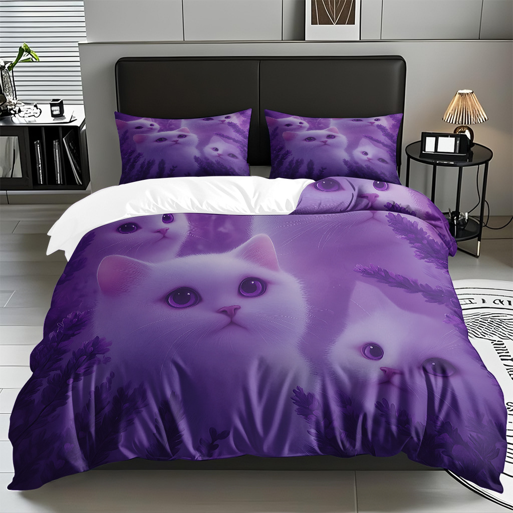 TEMU / JIT adorable gatito impresión digital suave set de colcha de edredón textil para el hogar se puede diseñar venta directa de fábrica
