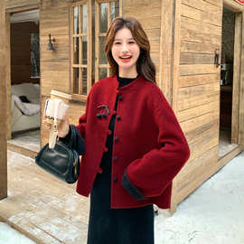 酒红色短款双面呢羊毛大衣女2025冬季新款休闲气质超好看毛呢外套