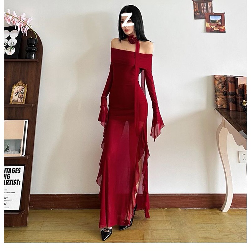 Christmas Girl's Chinese-Style Retro Red One-Shoulder Irregular Dress with Slit, Slim Fit, and Ruffled Long Skirt