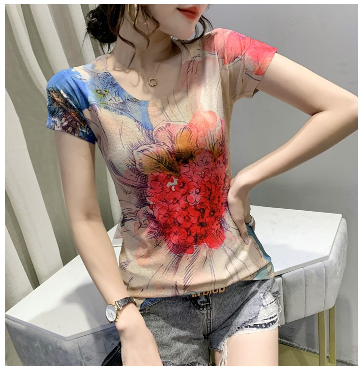 东南亚欧货2025夏装新款时尚印花短袖打底衫修身上衣女代发