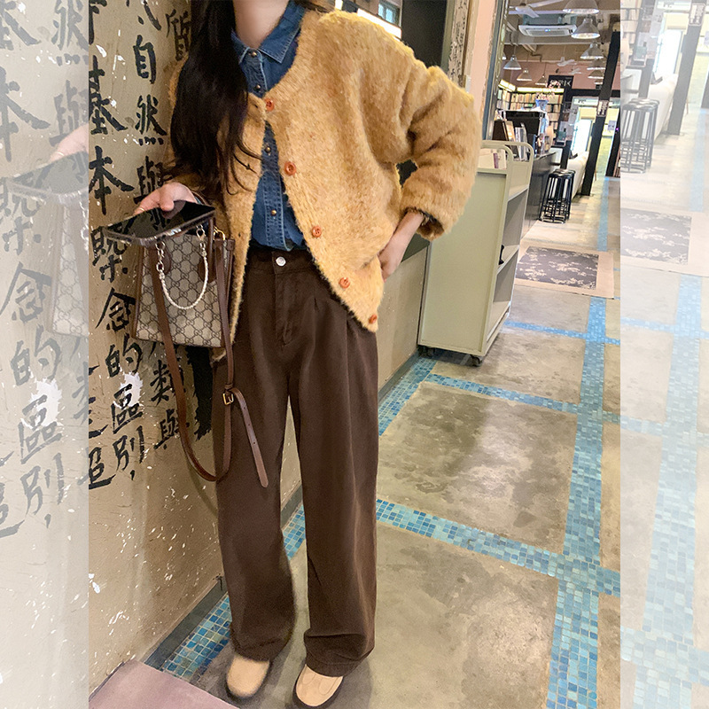 曾小咸韩系蓝色复古牛仔衬衫外套女秋冬毛衣宽松上衣早秋流行套装|undefined