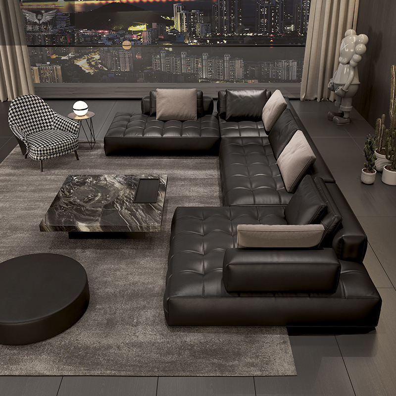 Sofá Lawrence, sala de estar de Foshan, Guangdong, Italia, apartamento grande de alta gama, nuevo sofá de cuero de esquina minimalista italiano