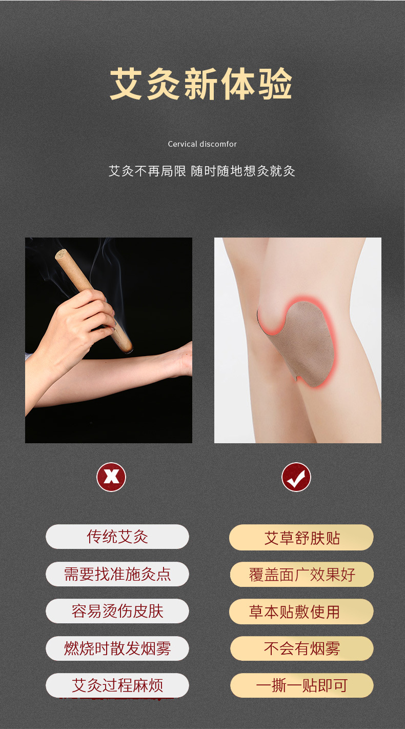 Moxa Wormwood Patch Ai Cao Tie Warming Herbal Topical Patch for Neck Knee and Lower Back 12 Patches per Box specifications