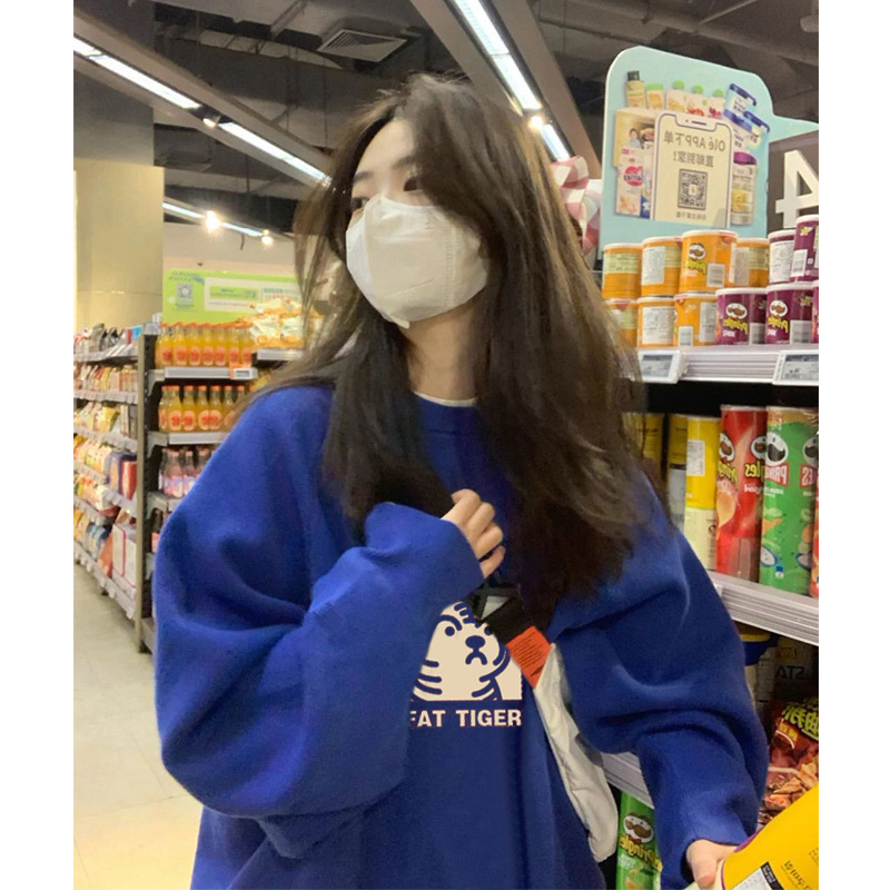 克莱因蓝圆领卫衣女春秋季新款套头设计感小众小个子宽松炸街上衣|undefined