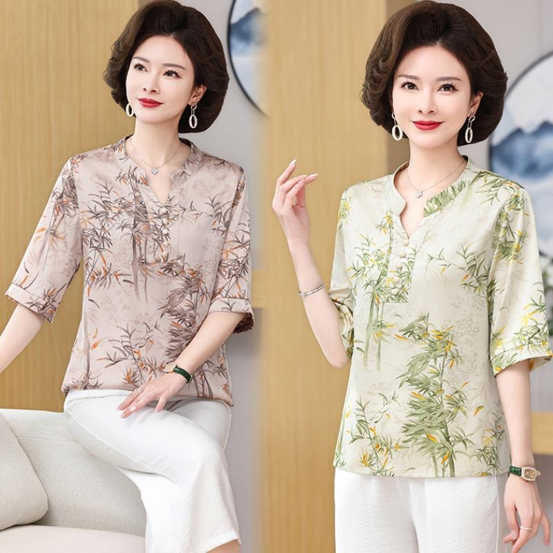 Mother's Day Mother's New Chinese T-shirt National Style Top Middle-aged Women's Summer Dress Western Style Small Shirt Vintage Printed Shirt Mother's Day Mother's New Chinese T-shirt National Style Top Middle-aged Women's Summer Dress Western Style Small Shirt Vintage Printed Shirt