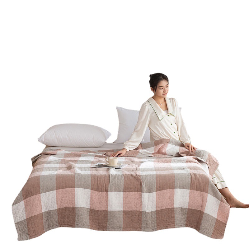 Japanese Style Simple Large Plaid Towel Quilt Three Layer Washed Cotton Adult Blanket Thin Children Baby Blanket Wholesale