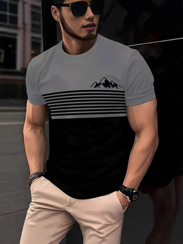 European and American foreign trade 2025 new fashion casual color-blocking 3D digital printing men's round neck short-sleeved T-shirt loose fit