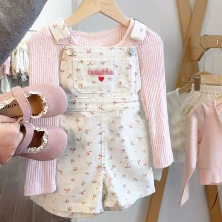 Spring set, body-friendly cute fuchsia overall, Korean style, floral print