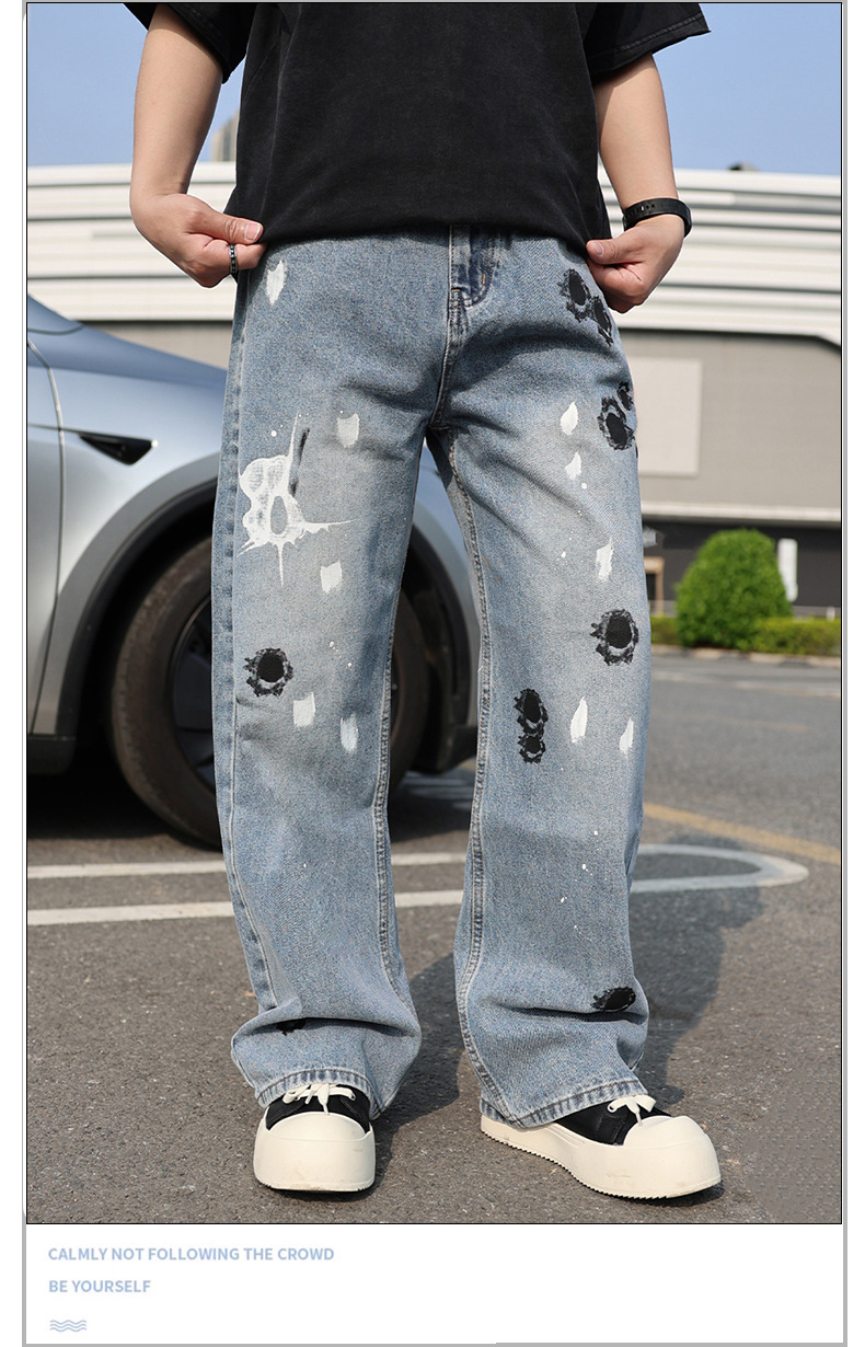 Men's Straight Leg Jeans Graffiti Paint Design Comfortable Denim_voghion.com