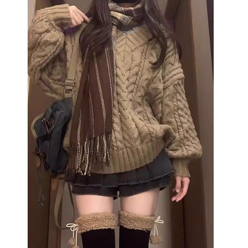 Lazy Style Retro V-Neck Crochet Lantern Sleeve Hooded Cardigan Women's Autumn/Winter New Loose Thick Knitted Top
