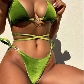 欧美爆款分体泳衣女跨境专供丝绒泳装性感亚马逊绑带比基尼BIKINI