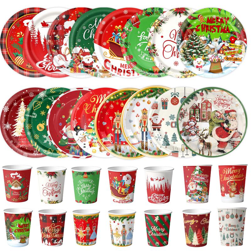 Christmas party supplies paper plates, paper cups, paper napkins, Santa Claus and Nutcracker printed disposable tableware collection Christmas party supplies paper plates, paper cups, paper napkins, Santa Claus and Nutcracker printed disposable tableware collection