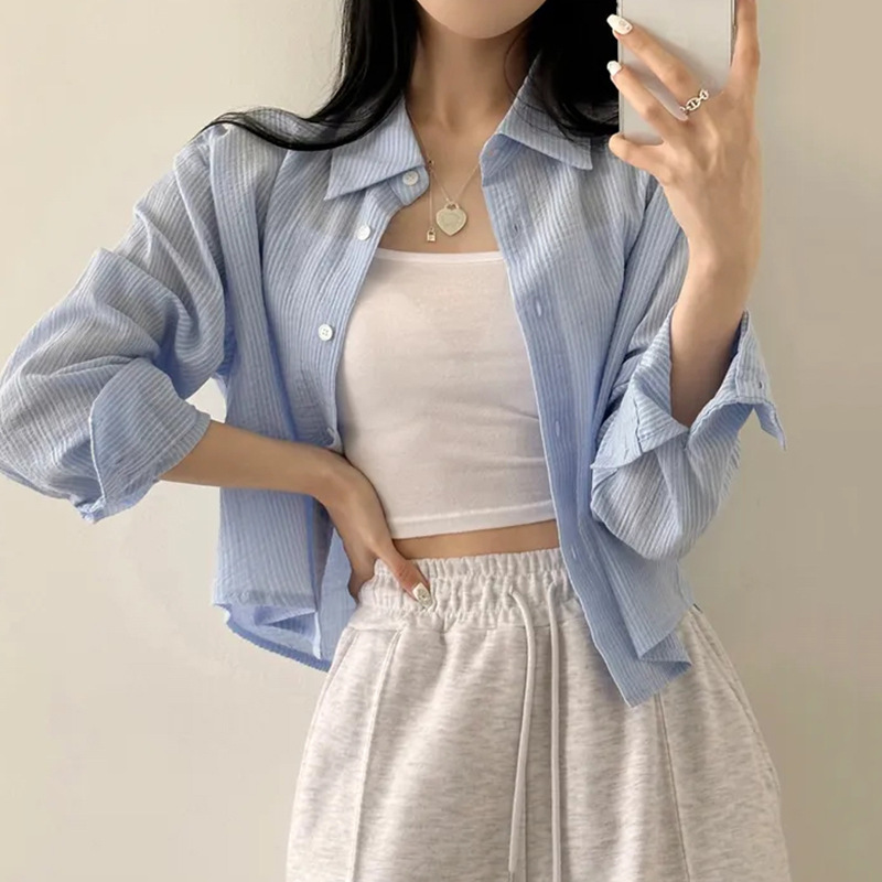 French Gentle Small Stripesd Shirt for Women Summer New Niche Elegant Loose Casual Long-sleeved Sun Protection Cardigan Top