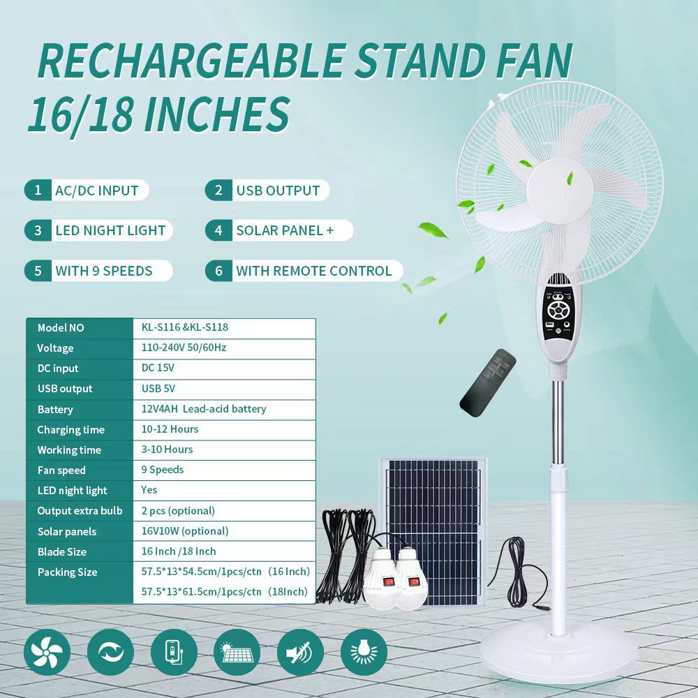 Ventas calientes de 16 pulgadas del sudeste asiático y Oriente Medio 12V5AH batería de plomo - ácido AC ventilador de carga DC con panel solar