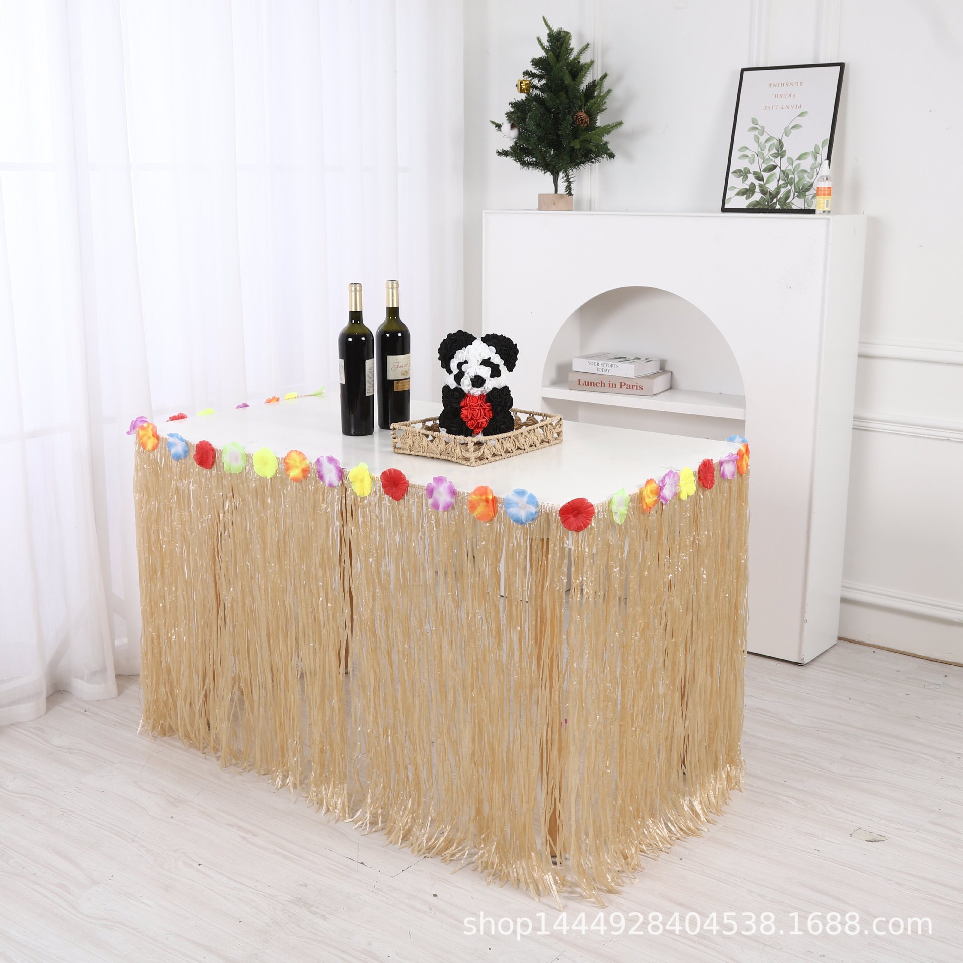 Falda de mesa de plástico con borlas estilo hawaiano para decoración de fiestas y festivales, directo de fábrica
