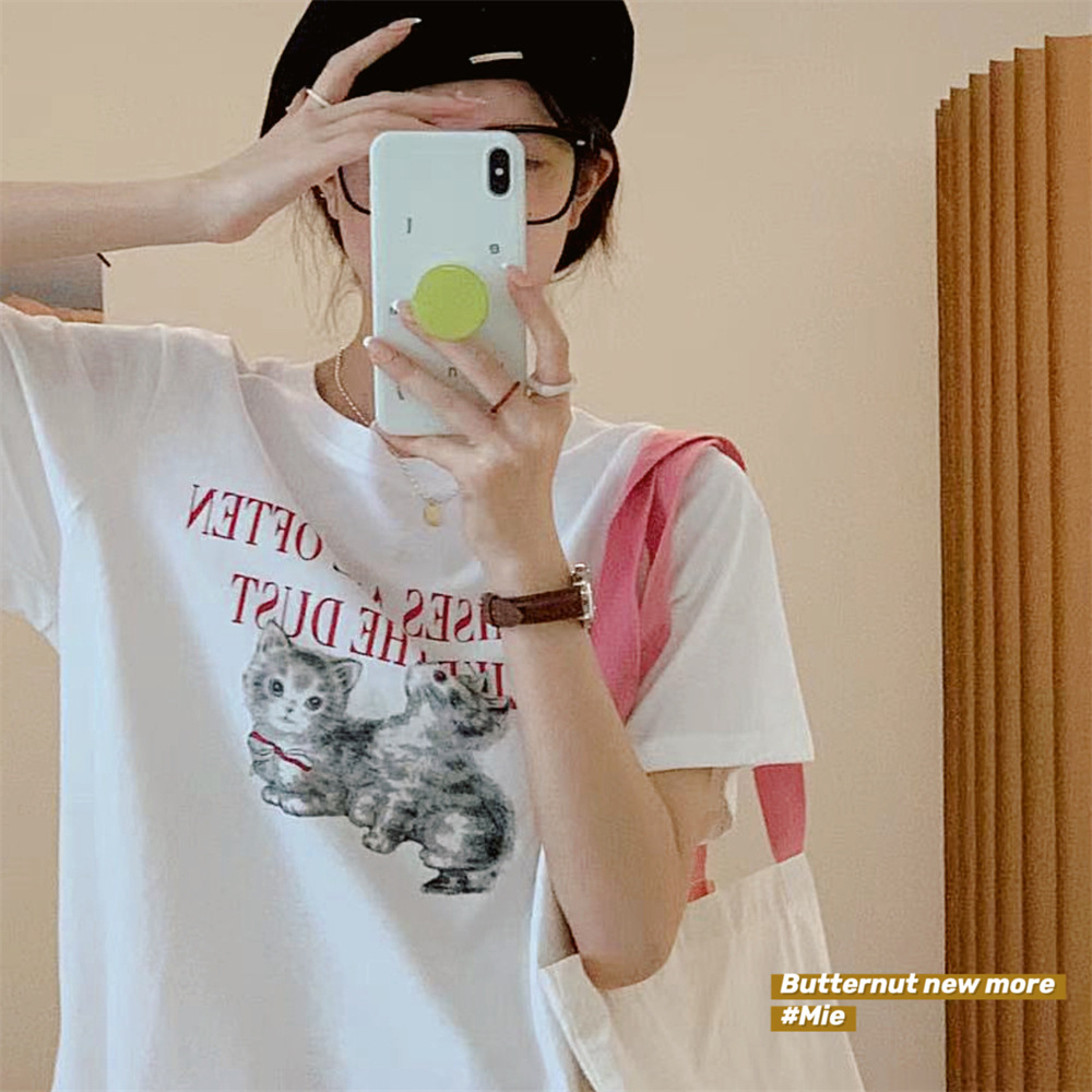 [Two baby cats]pure cotton~Hit color Kitty printing Amoi Solid Basic paragraph T-shirt