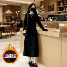 (现货+加绒)秋冬长袖圆领黑色连衣裙极简A字长裙显宽松外穿打底