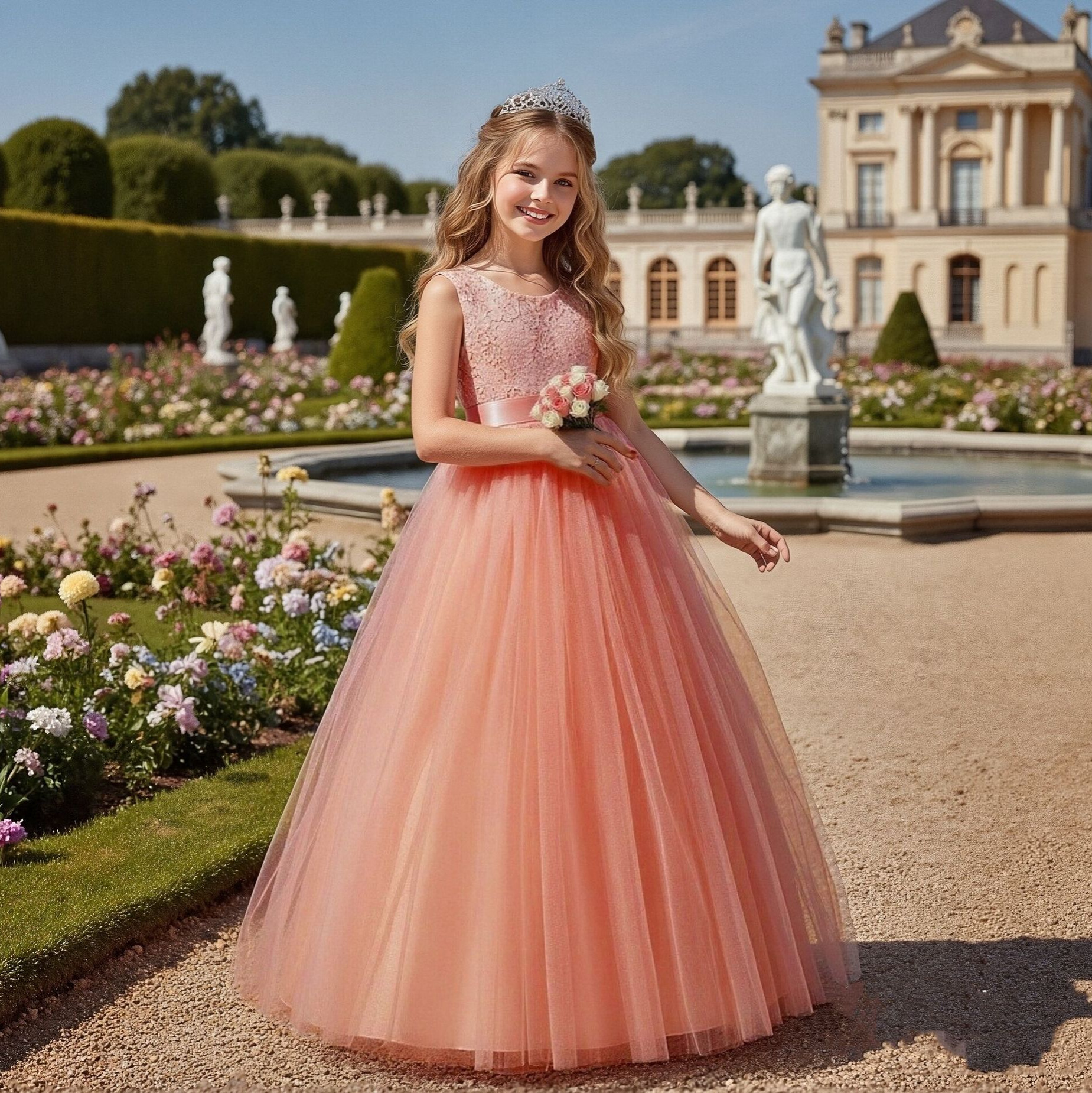 (Wholesale), children's elegant long lace evening dress, Korean style, high waist, princess style 2