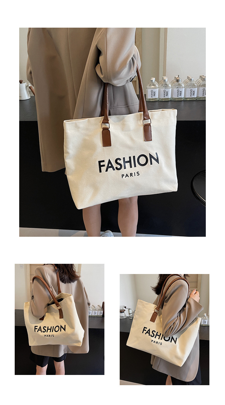 262g Weight Polyester Lining Material Open Closure Type Single Shoulder Strap Strap Type Tote Bag Bags Type Holiday, Daily Occasion Canvas Material Letter Pattern All Seasons Season Women's Gender Classic Style Style Square Shape Large Size Women's Large Canvas Letter Classic Style Square Open Tote Bag 1