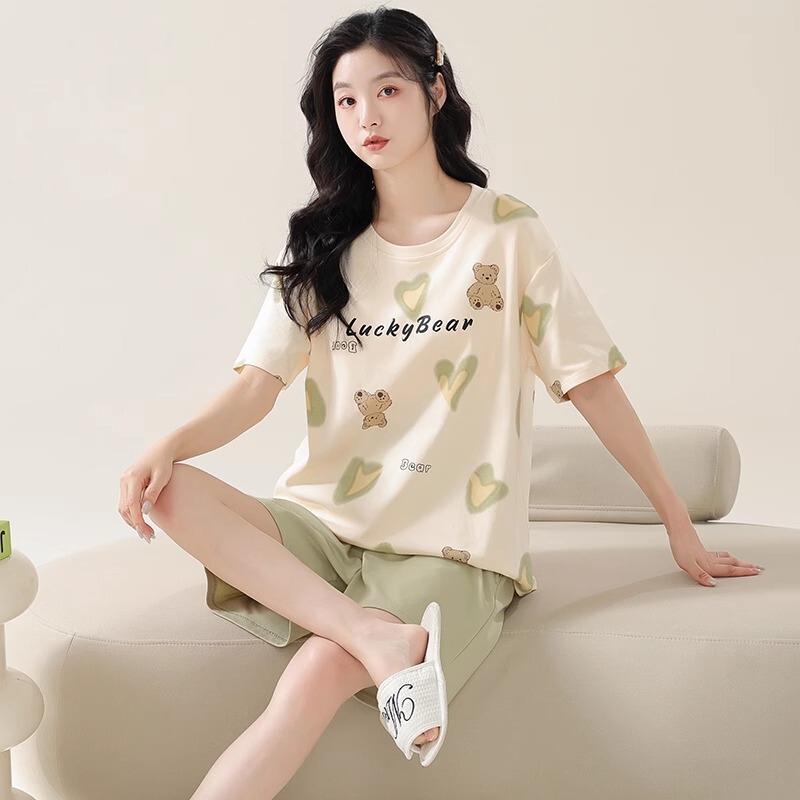 Summer New Women's Pajamas, Short-Sleeved Shorts, Round Neck, Cute Large Size, Casual and Simple Home Clothes, Can Be Worn Outside the Suit