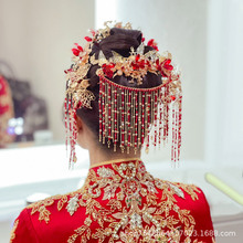 中式新娘紅色頭飾琉璃唯美后壓秀禾服視頻2022新款流蘇發釵龍鳳褂