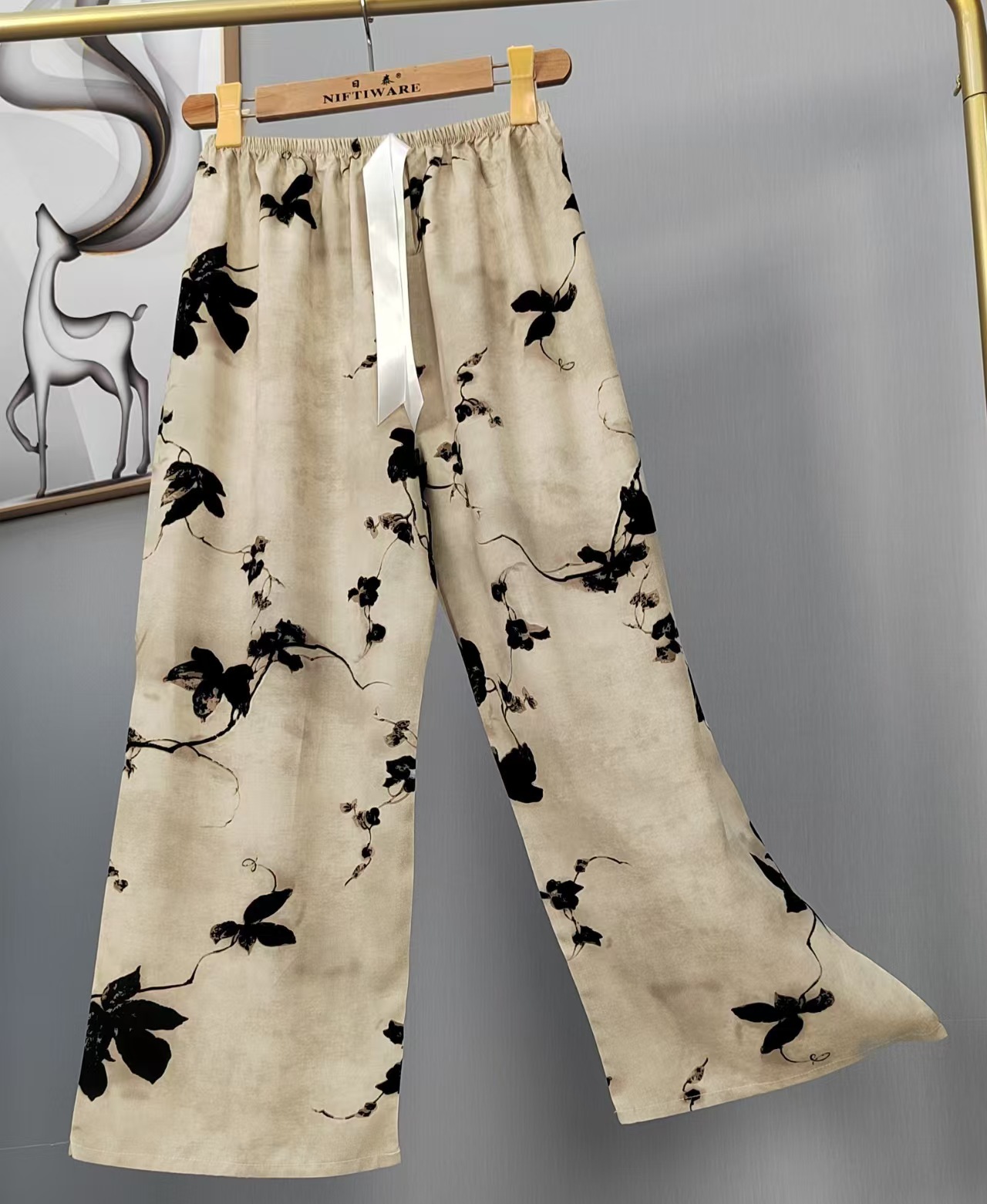 Pijama de seda de algodón para mujer, pantalones anchos de mujer embarazada de seda de algodón con estampado fino de verano