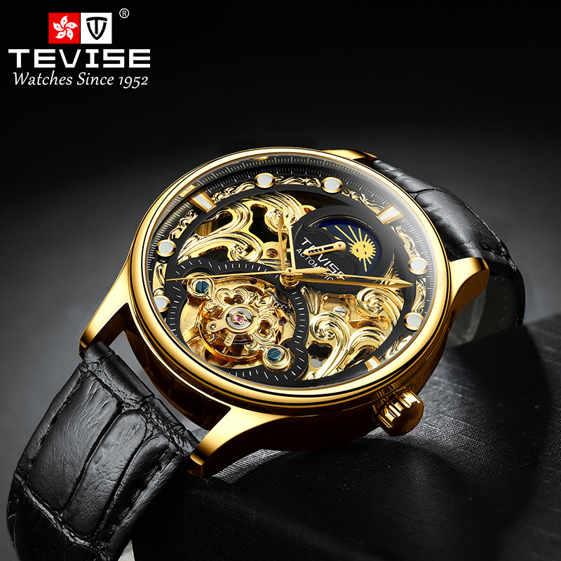TEVISE reloj mecánico automático casual para hombres hueco transparente fase lunar volante reloj mecánico para hombres T820D