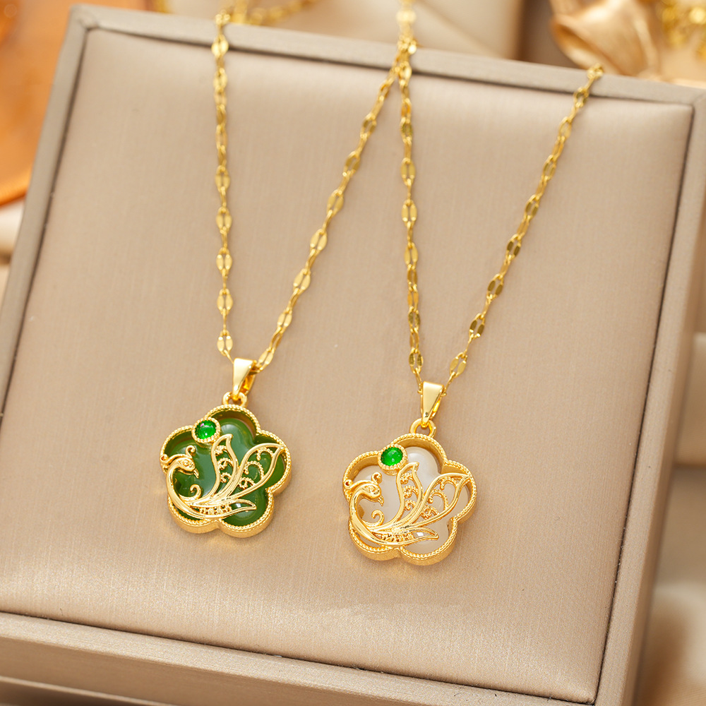 Ethnic titanium steel necklace female phoenix inlaid imitation hetian jade pendant light luxury exquisite temperament clavicle chain jewelry