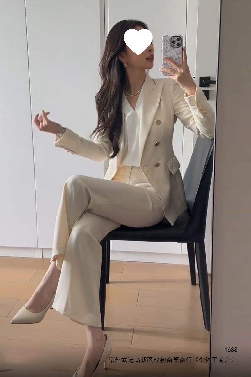Beige suit set, commuter top, autumn workplace professional attire, formal occasion long-sleeved blazer