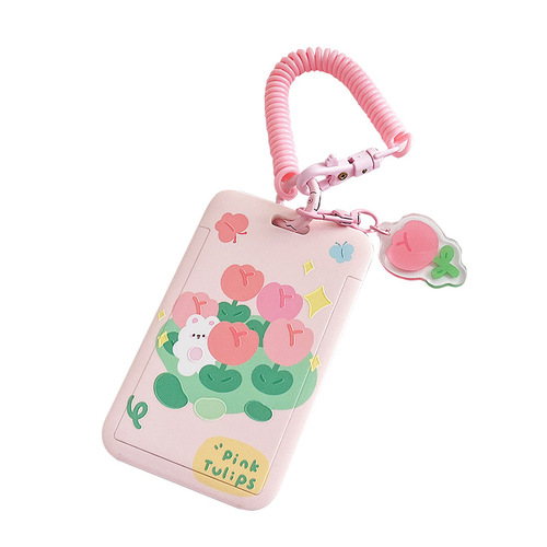 Tulip Card Holder Elastic Cord Student School Card Bus Meal Card Protective Cover Keychain Work Card ID Cover Cute Female