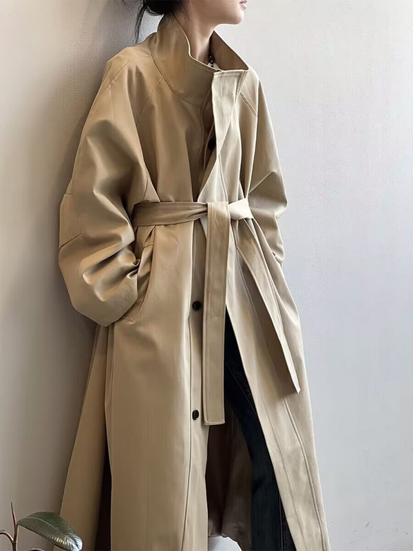 Stand-Collar Trench Coat for Women, New Autumn Style, Petite, High-End, Mid-Length, Casual, Loose-Fitting Silhouette Coat