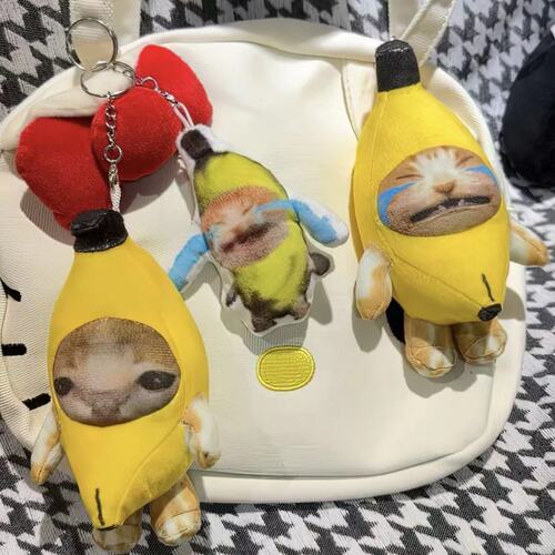 Banana Cat Sound Happy Cat Crying Cat Plush Cute Funny Creative Stuffed Animal Bag Charm Cat Keychain