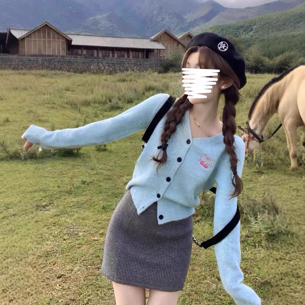 樱桃巴斯克 混色蓝刺绣针织开衫女秋冬新款小个子减龄温柔针织衫