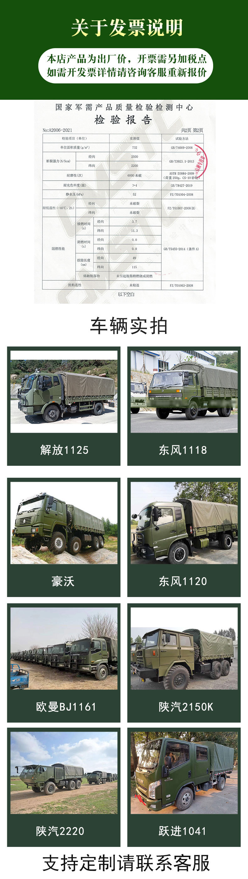 解放CA1121 1122 1125J型运输车4.8米车厢篷布军绿色带检测报告-阿里巴巴