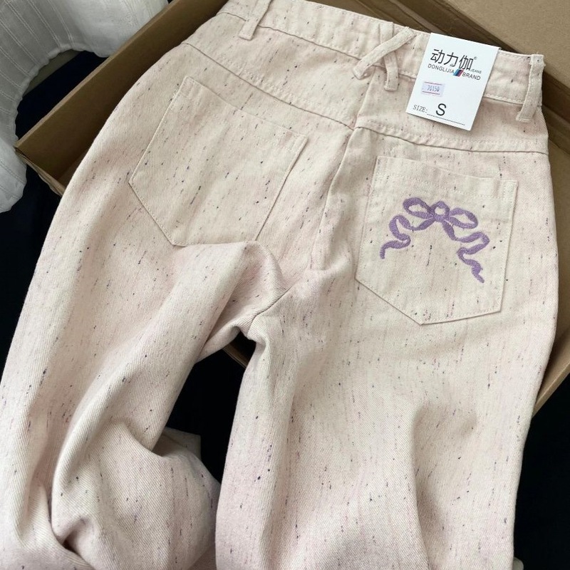设计感彩墨宽松直筒牛仔裤女秋季新款浅色高腰显瘦垂感窄版阔腿裤|undefined