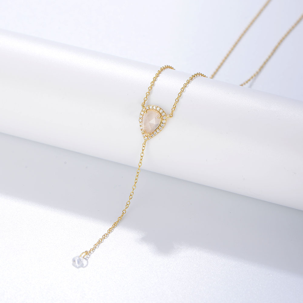 Collar de cadena de clavícula simple de moda europea y americana para mujer Collar de borla de cristal rosa de piedra natural en forma de gota de plata esterlina s925