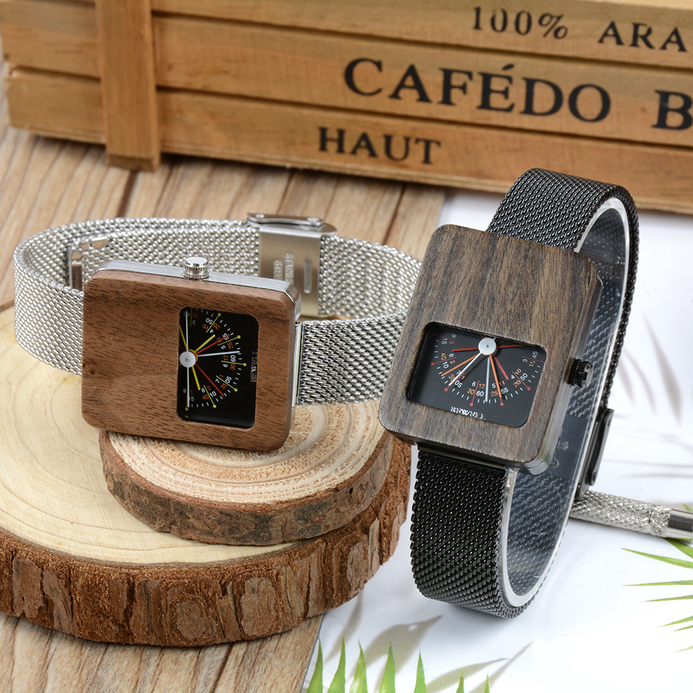 方形木质手表不锈钢网带手表另类个性手表跨境电商木表复古复古风