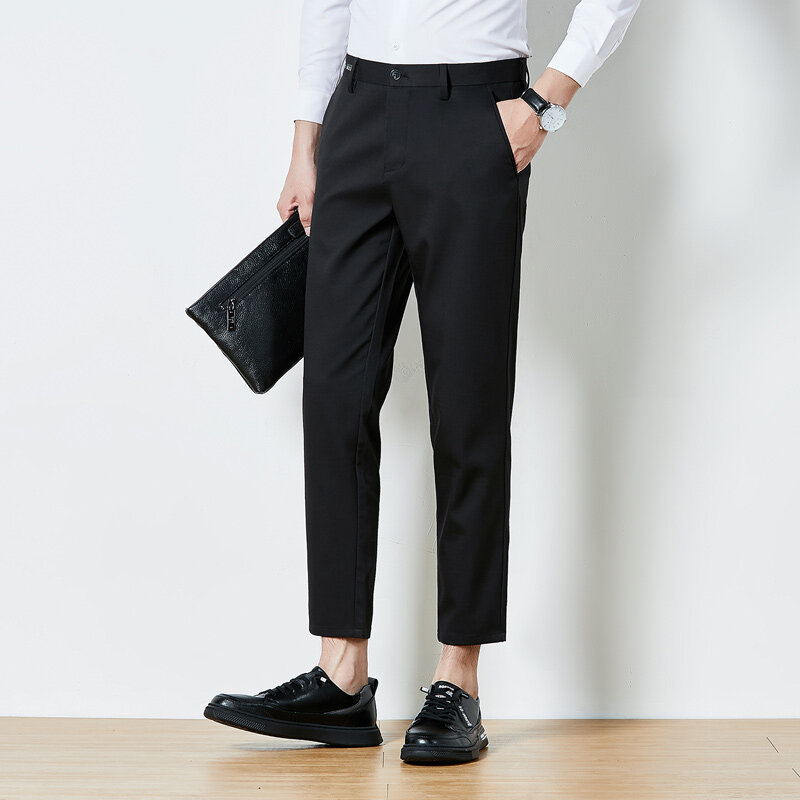 Summer Black Dress Pants for Men, Business Casual Pants with Drape, Slim Fit, Wrinkle-Free, High-End Feel