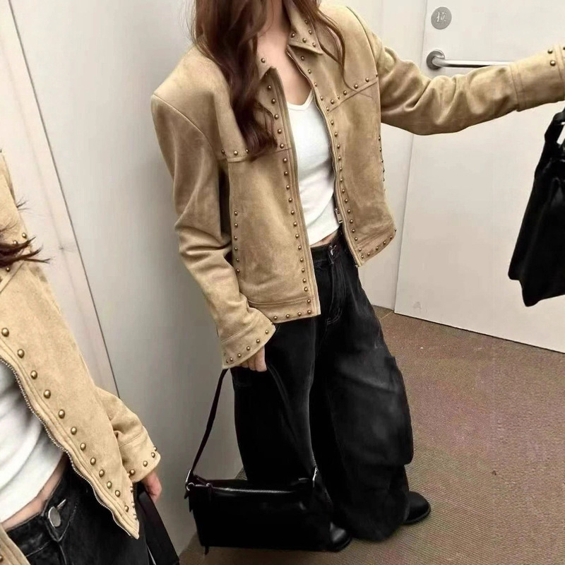 American High-End Retro Deerskin Velvet Rivet Jacket Autum New Maillard Khaki Short Motorcycle Jacket