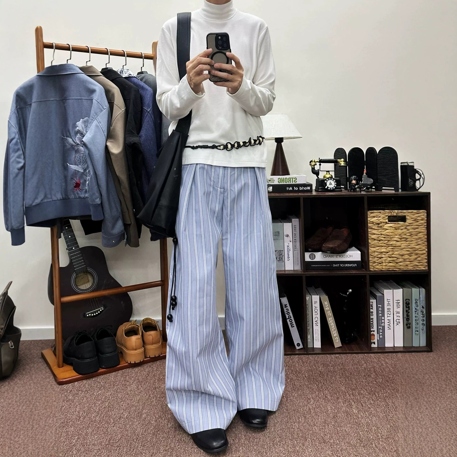 美式淡蓝色条纹打褶a字阔腿裤男女宽松百搭通勤休闲cleanfit西裤