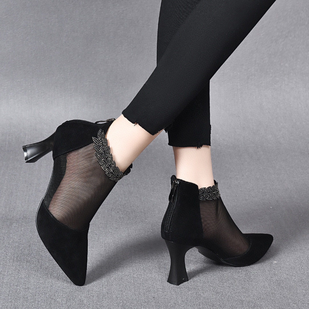 Giày sandal cao gót nữ hở mũi mũi nhọn gót nhọn 9 cm lưới thoáng khí — màu đen