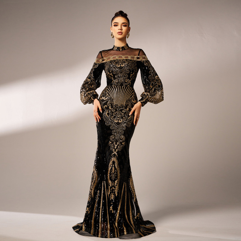 Cross-border European and American New Long Sleeve Round Neck Long Sequin Banquet Mesh Fishtail Evening Dress Bridesmaid Dress dress Women