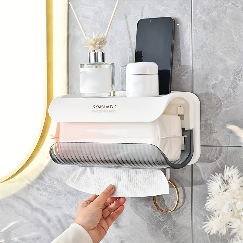 Caja de toallas sin perforación, caja de almacenamiento de toallas faciales montadas en la pared, cocina, caja de papel de rollo creativa, rack de papel de rollo del inodoro